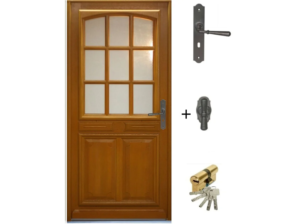 Porte D'entrée Bois Vitrée Marine, H.215xl.90 P,gauche, Poignée, Barillet Côte Tableau Gd Menuiseries