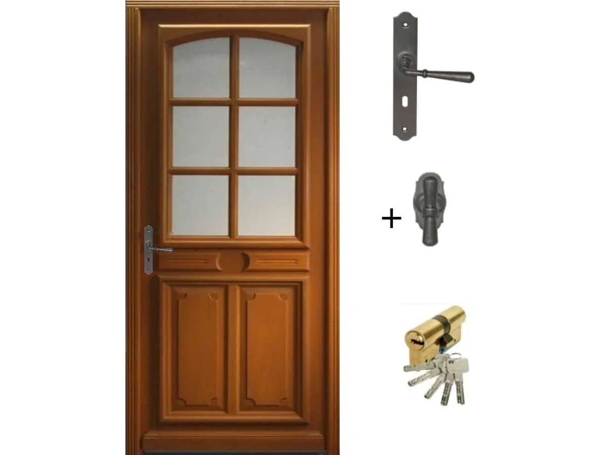 Puerta de entrada de madera acristalada, Navy, Al.215xl.80 p. derecha + Mango Y Cañón (ref 010403RFP)Tabla de Dimensiones sin manilla