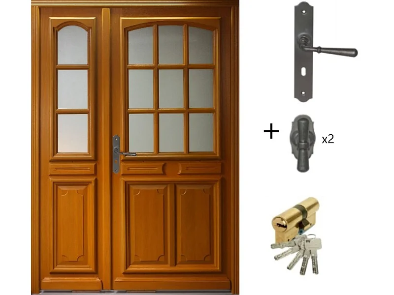 Porte d'entree Tiercee Bois vitree Marine H215 x L140 p, droit + Poignee Et Barillet (ref 010403RFP) Cotes Tableau