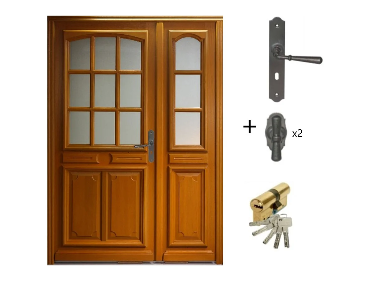 Porte d'entree Tiercee Bois vitree Marine H215 x L130 p,gauche + Poignee Et Barillet (ref 010403RFP) Cotes Tableau