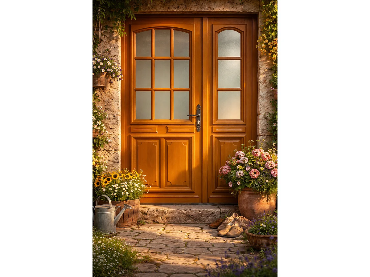 Tiercee houten toegangsdeur met maritiem glas H215 x L130 p.links + handgreep en ton (ref 010403RFP) Afmetingen Tabel