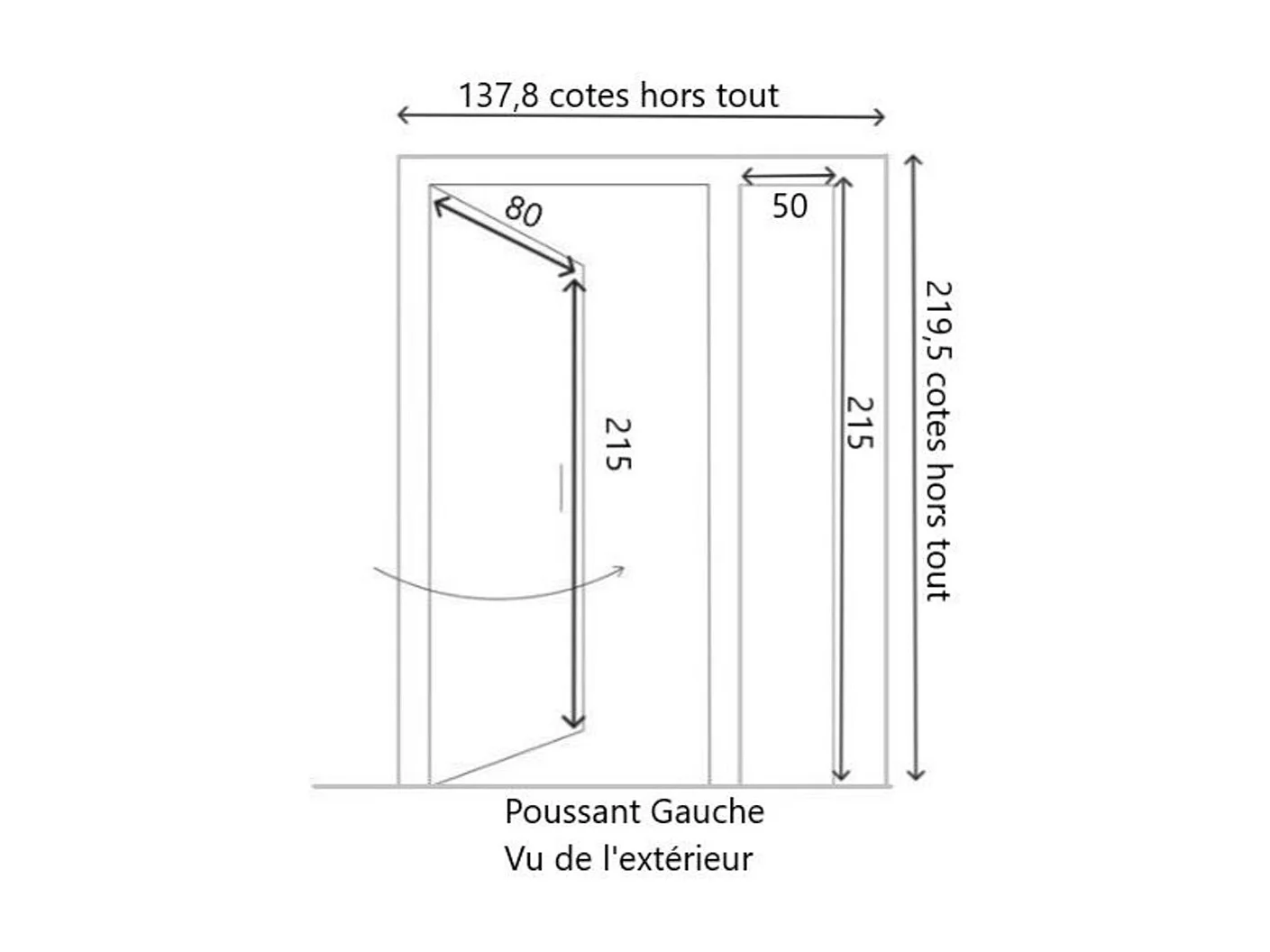 Tiercee houten toegangsdeur met maritiem glas H215 x L130 p.links + handgreep en ton (ref 010403RFP) Afmetingen Tabel