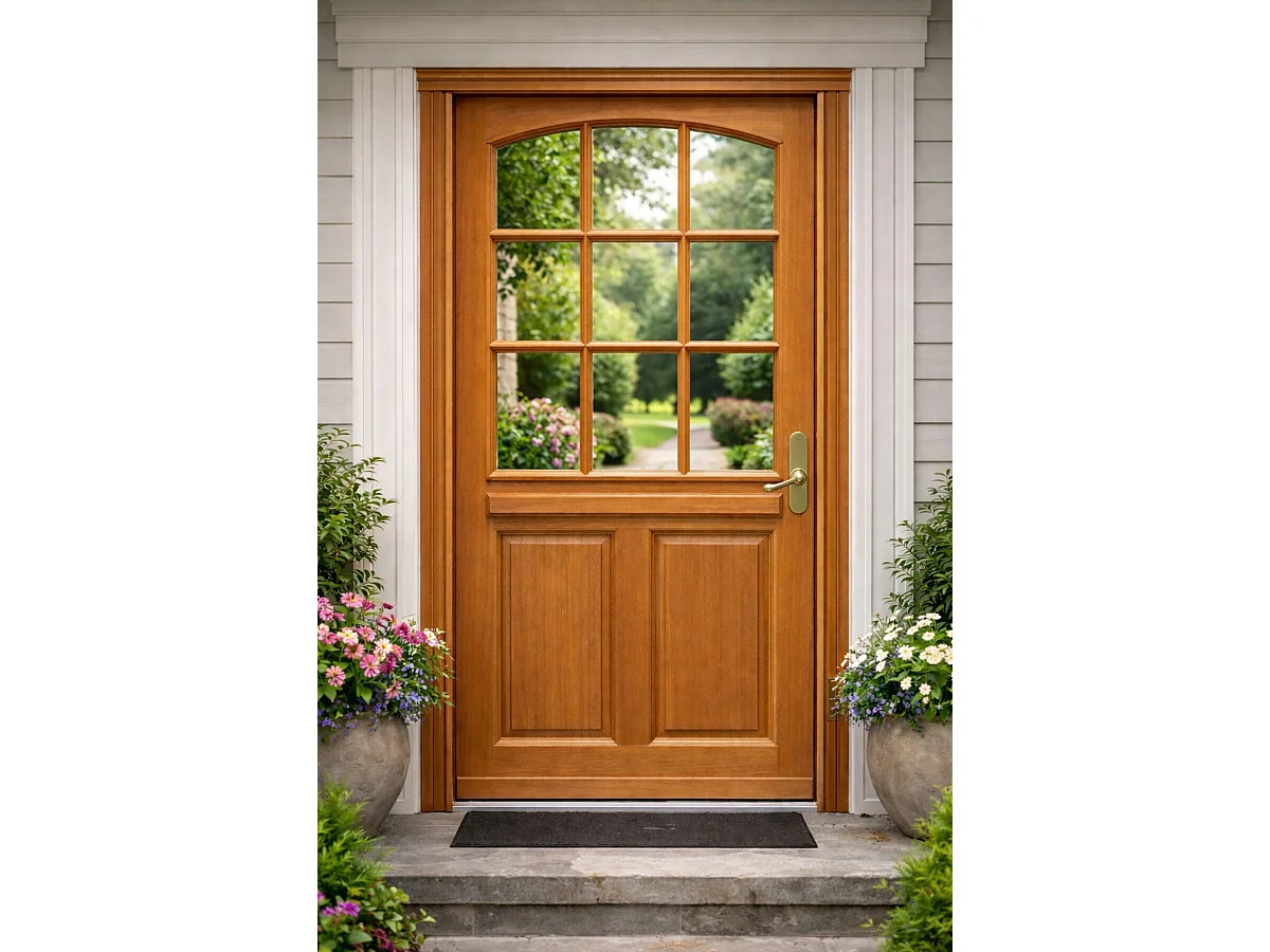 Porte D'entrée Bois Vitrée Agatha, H.215xl.90 P,gauche Côte Tableau, Poignée, Barillet Gd Menuiseries