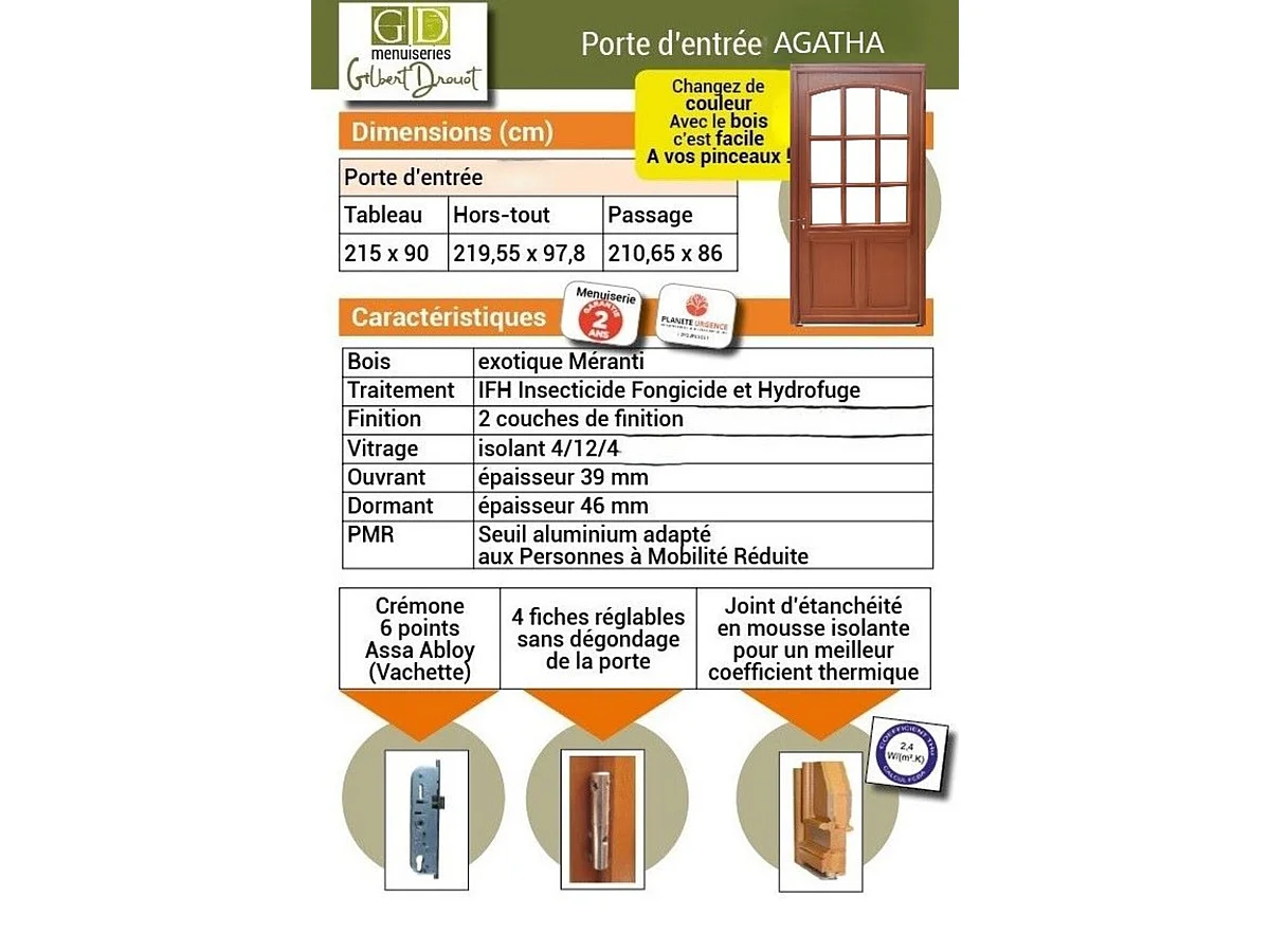 Porte d'entree Bois vitree, Agatha, H,215xl,90  p, droit + Poignee Et Barillet (ref010723NO) Cote Tableau
