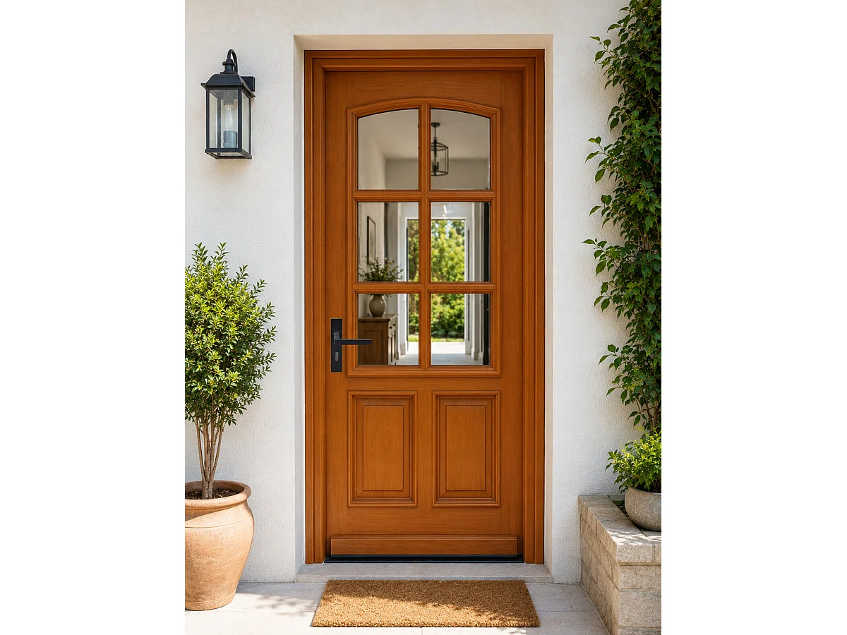 Puerta de entrada de madera con vitrina Agatha, H.215 x 80 cm, lado de la tabla, derecho, manija, bombín de GD MENUISERIES sin manilla