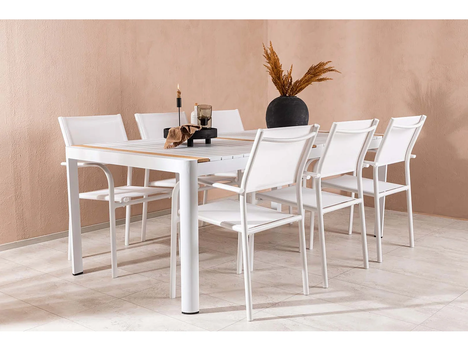 Togo tuinmeubelset tafel 100x200cm wit, 6 stoelen Santorini wit.