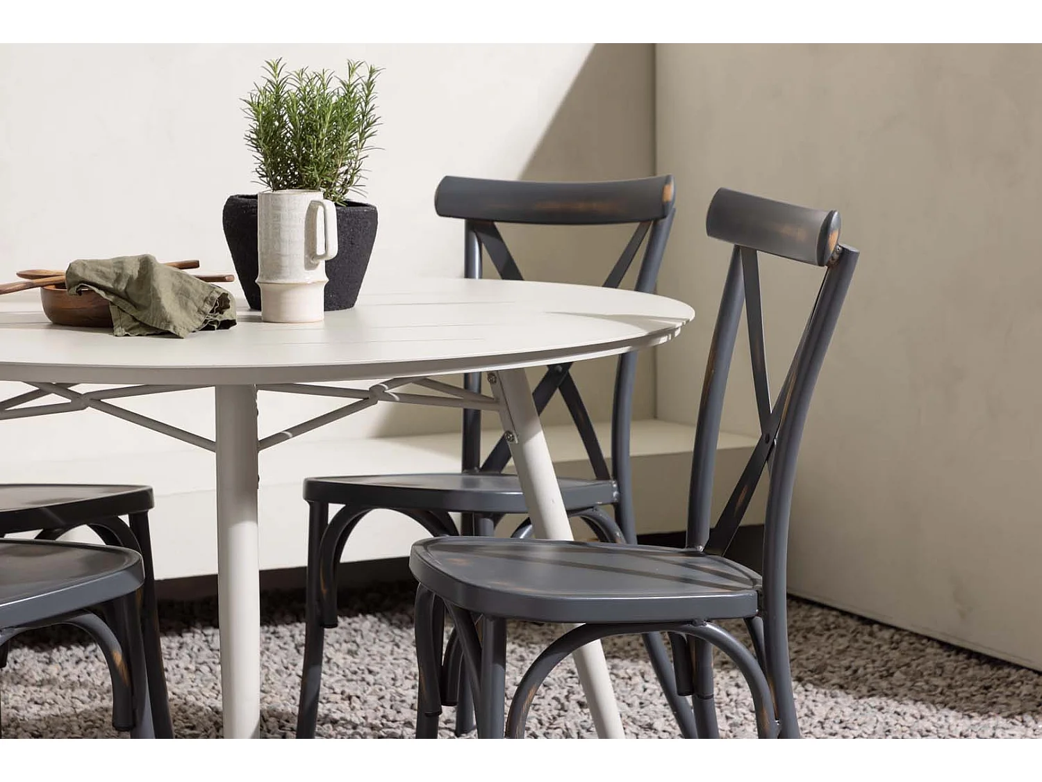 Lina tuinmeubelset tafel Ø120cm beige, 4 stoelen Peking donkergrijs.