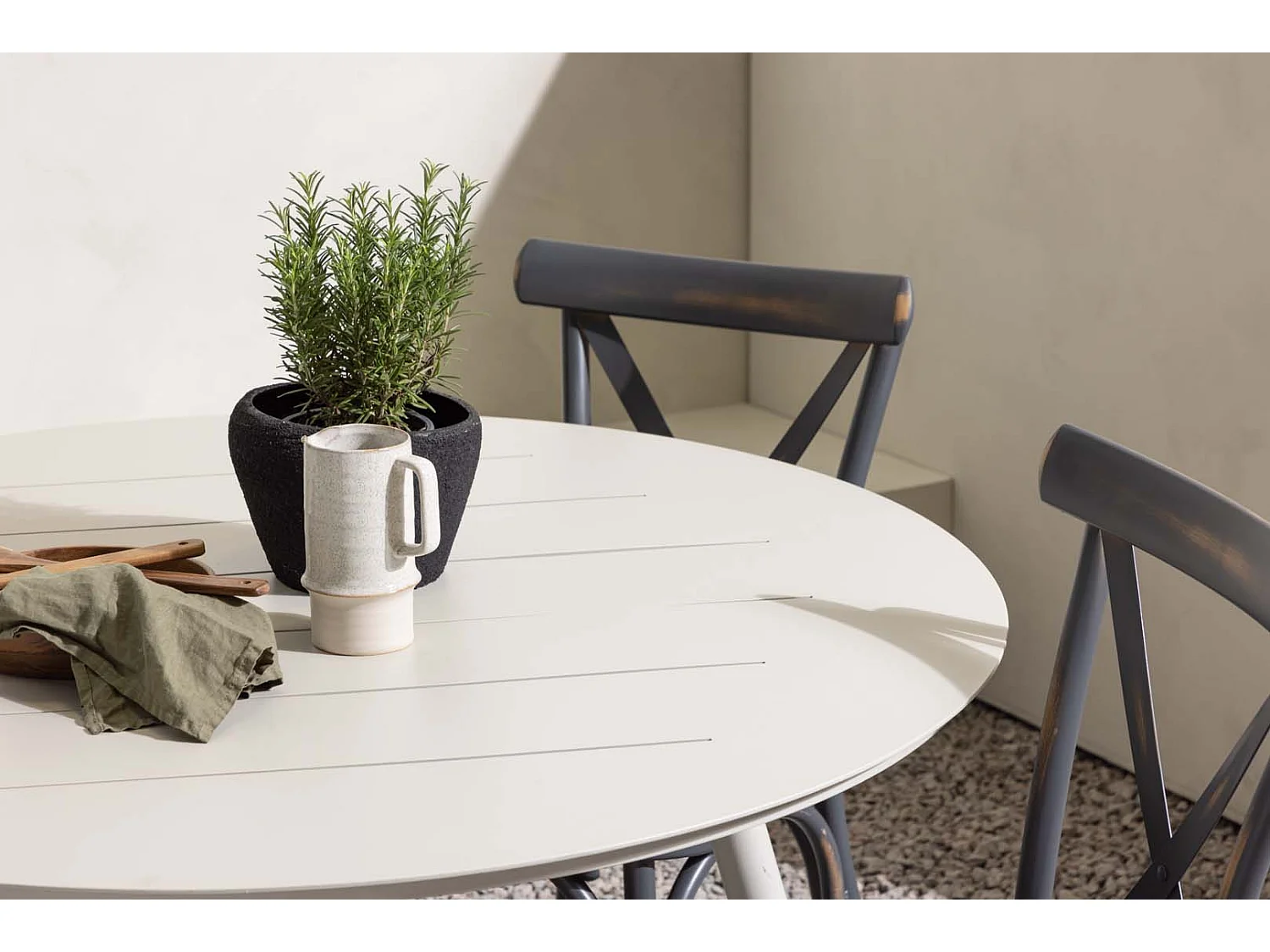 Lina tuinmeubelset tafel Ø120cm beige, 4 stoelen Peking donkergrijs.