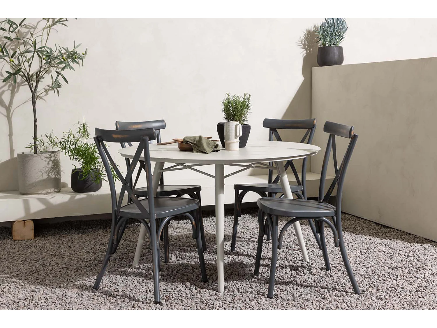 Lina set de jardin table Ø120cm beige, 4 chaises Peking gris foncé.