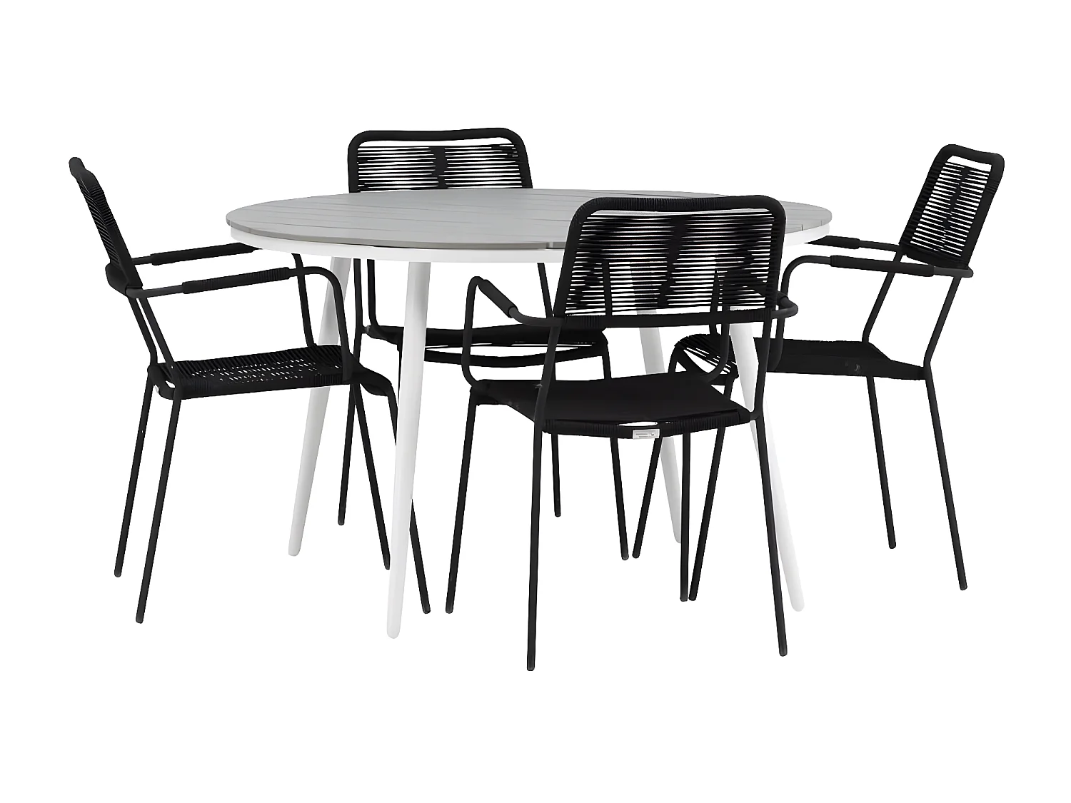 Break tuinmeubelset tafel Ø120cm grijs, 4 stoelen Lindos zwart.