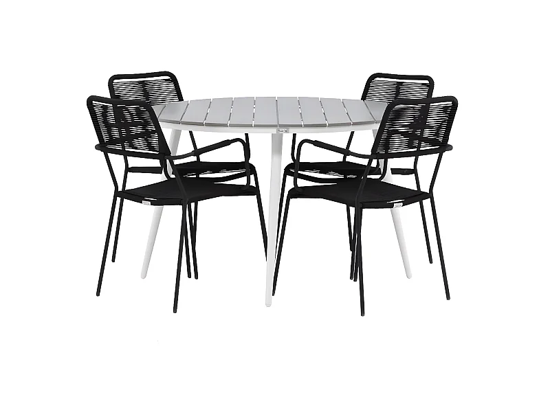 Break tuinmeubelset tafel Ø120cm grijs, 4 stoelen Lindos zwart.