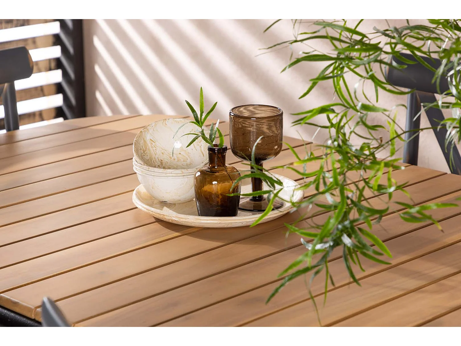 Holmbeck set de jardin table 90x200cm naturel, 6 chaises Peking gris foncé.