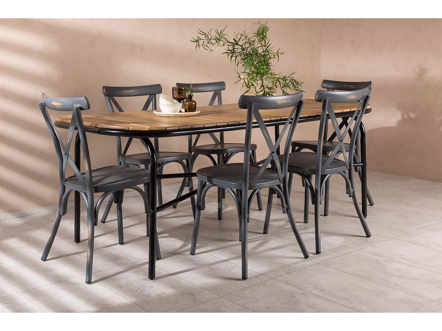 Holmbeck set de jardin table 90x200cm naturel, 6 chaises Peking gris foncé.