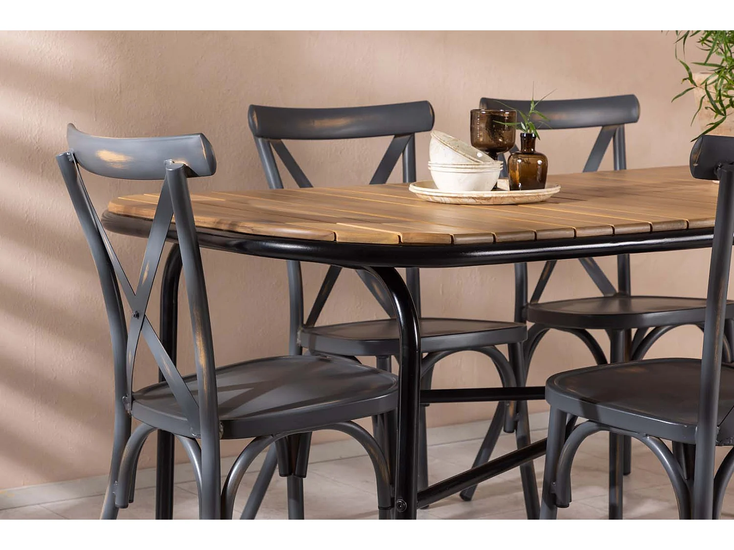 Holmbeck set de jardin table 90x200cm naturel, 6 chaises Peking gris foncé.