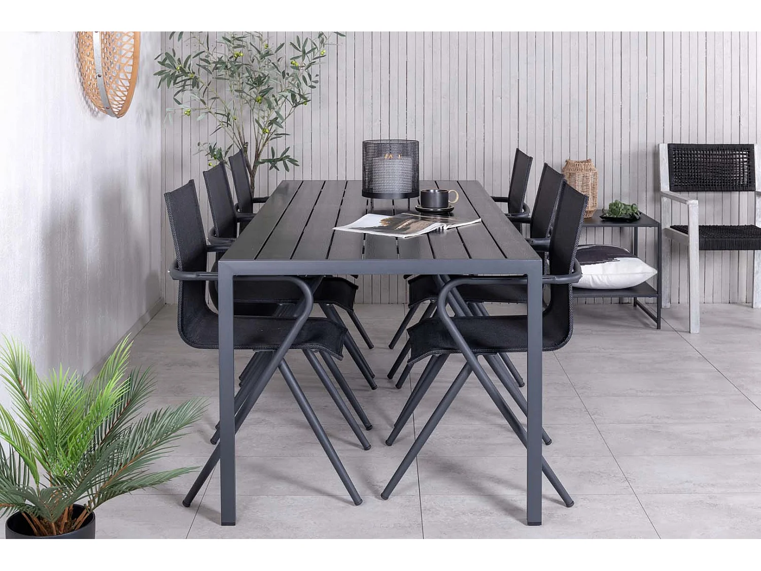 Break set de jardin table 90x205cm noir, 6 chaises Alina noir.