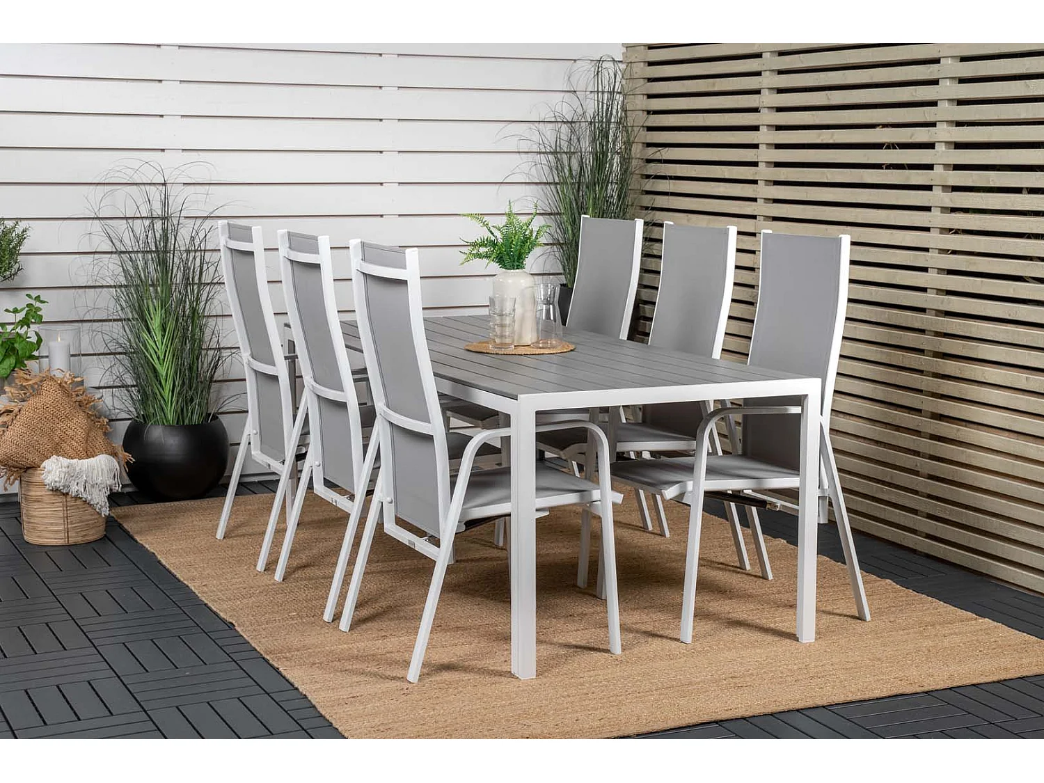 Break tuinmeubelset tafel 90x205cm grijs, 6 stoelen Copacabana grijs.