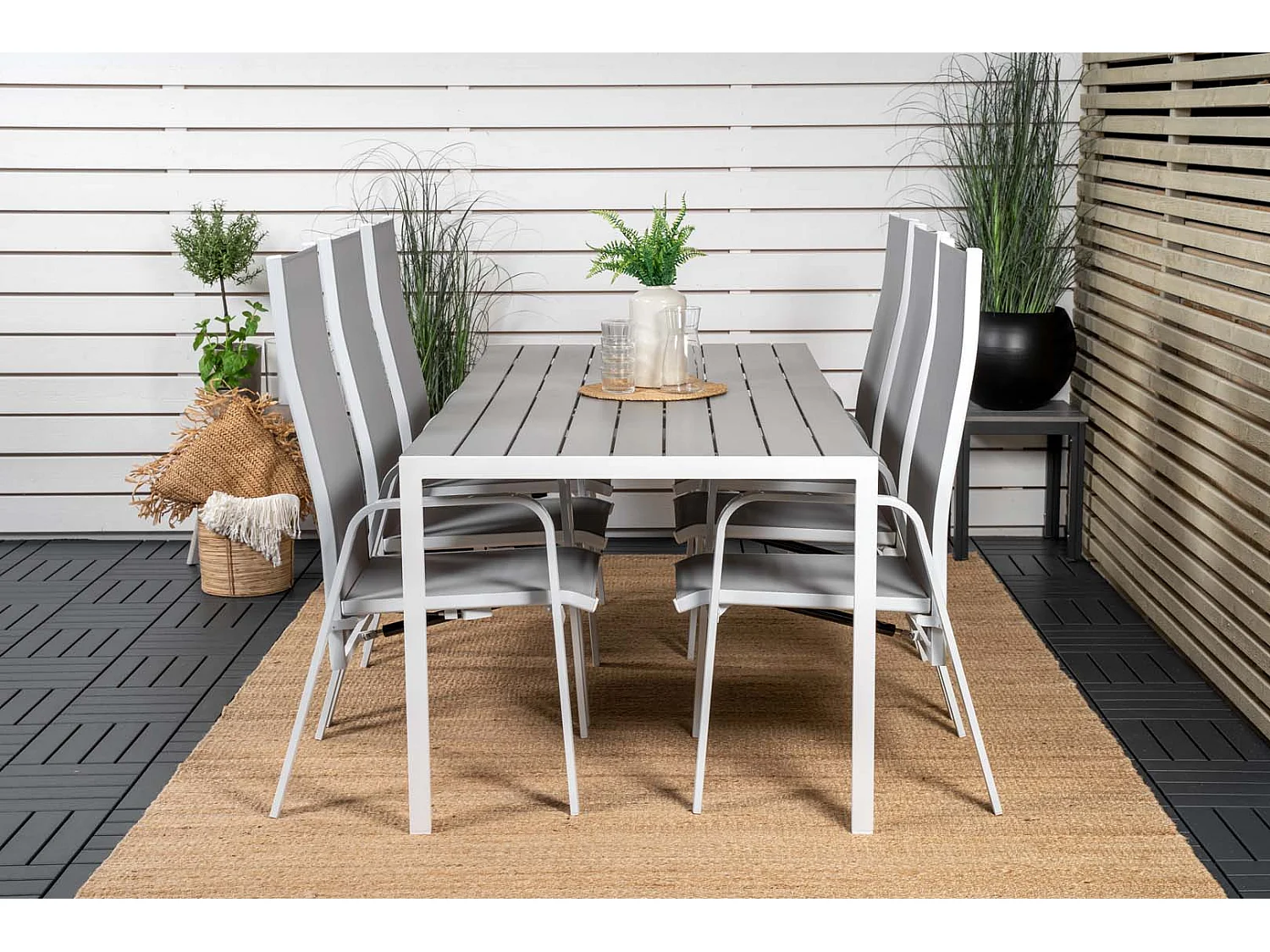 Break tuinmeubelset tafel 90x205cm grijs, 6 stoelen Copacabana grijs.