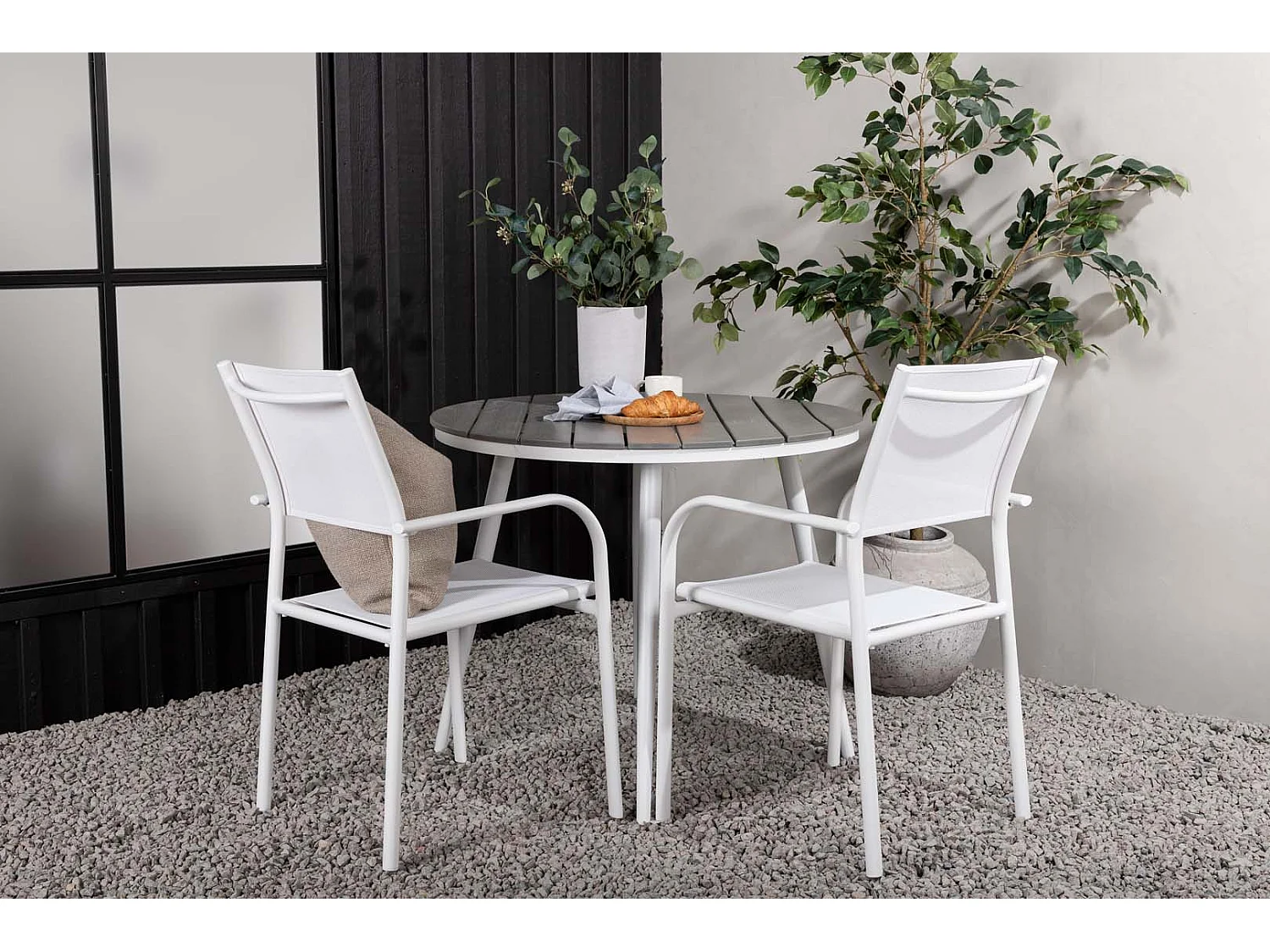 Break set de jardin table Ø90cm gris, 2 chaises Santorini blanc.