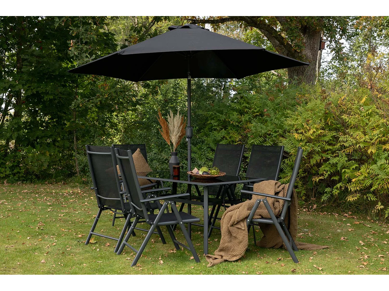 Brekki tuinmeubelset tafel 90x150cm zwart, 6 stoelen zwart.