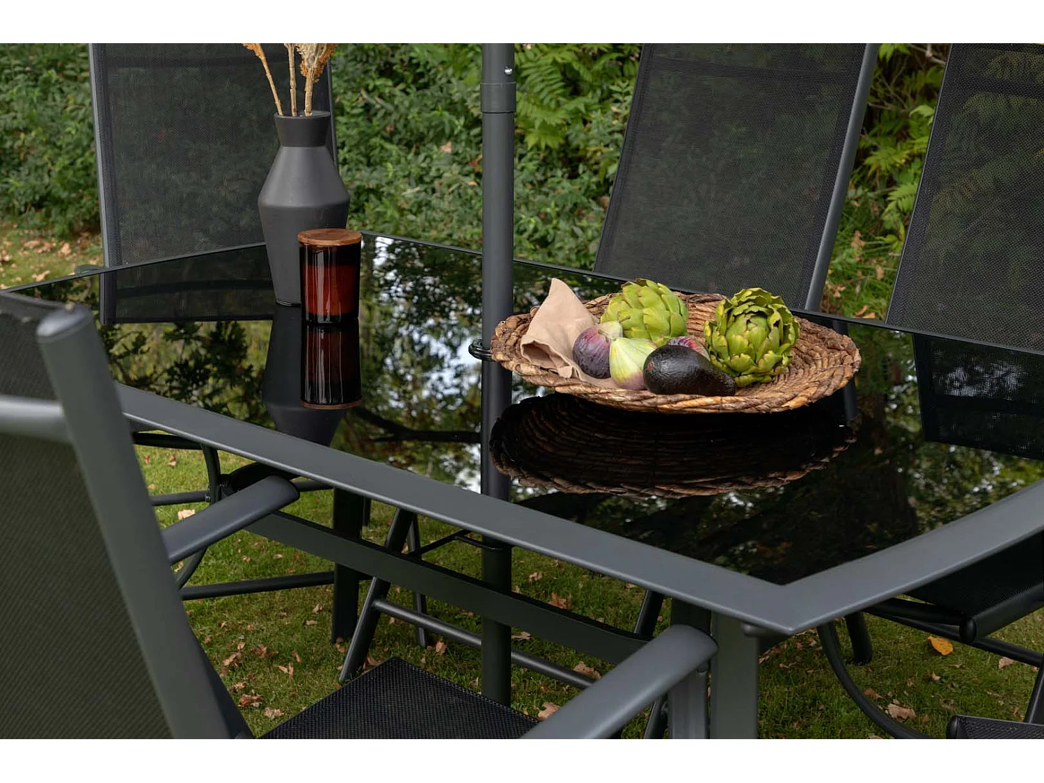 Brekki tuinmeubelset tafel 90x150cm zwart, 6 stoelen zwart.