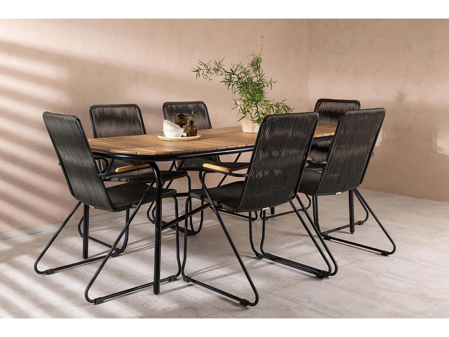 Holmbeck set de jardin table 90x200cm naturel, 6 chaises Bois noir.