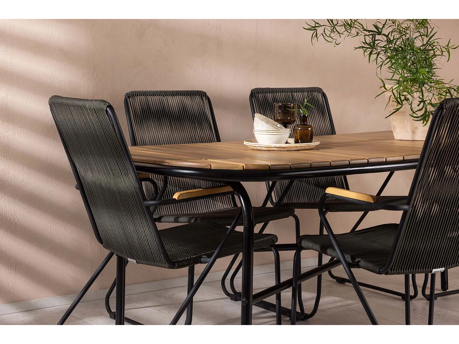 Holmbeck set de jardin table 90x200cm naturel, 6 chaises Bois noir.