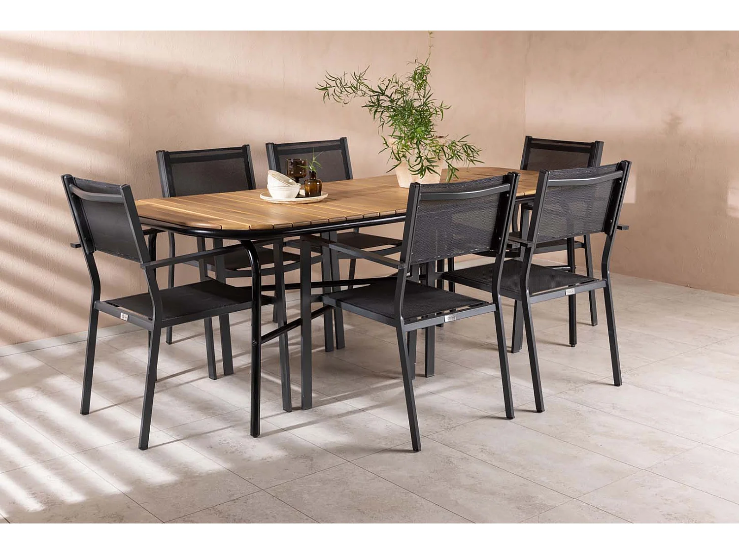 Holmbeck set de jardin table 90x200cm naturel, 6 chaises Copacabana noir.