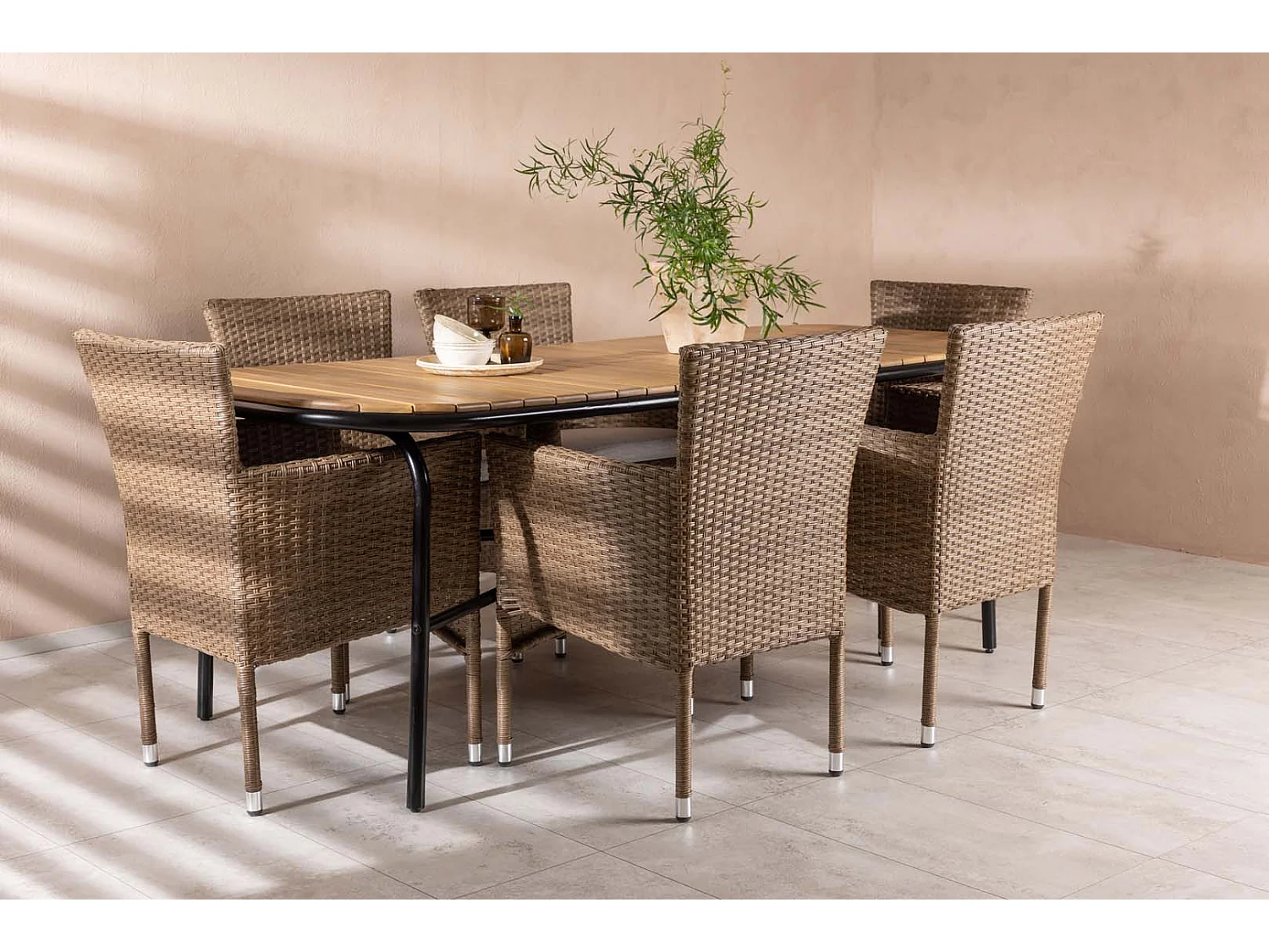 Holmbeck tuinmeubelset tafel 90x200cm naturel, 6 stoelen Malina naturel.