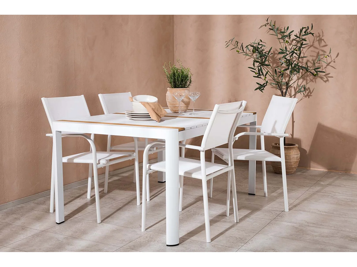 Togo tuinmeubelset tafel 90x150cm wit, 4 stoelen Santorini wit.