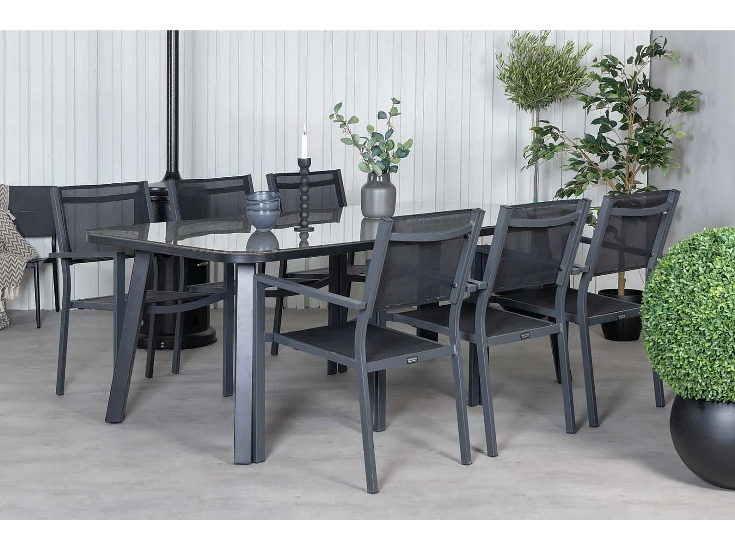 Paola set de jardin table 100x200cm noir, 6 chaises Copacabana noir.