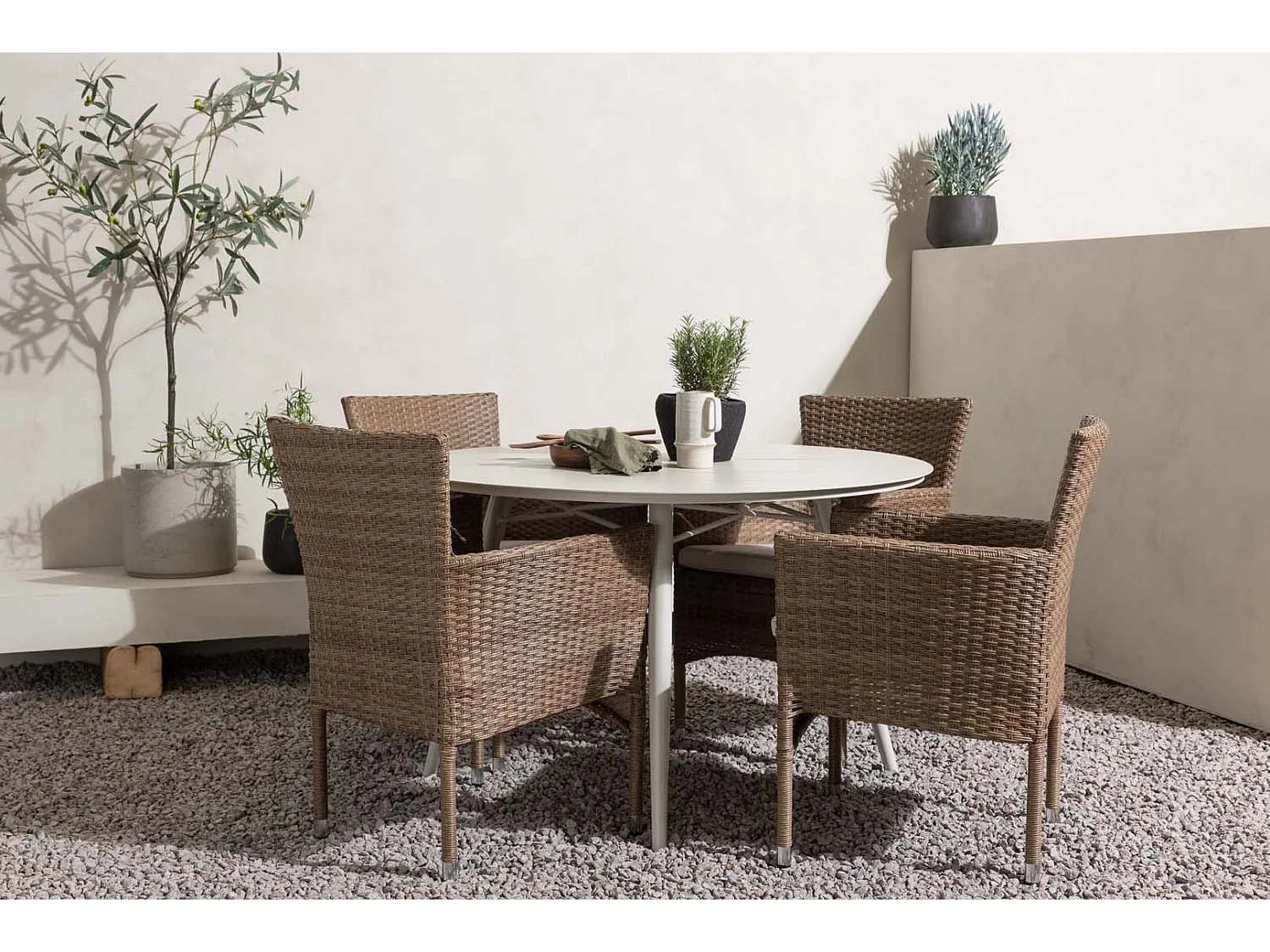 Lina set de jardin table Ø120cm beige, 4 chaises Malina naturel.
