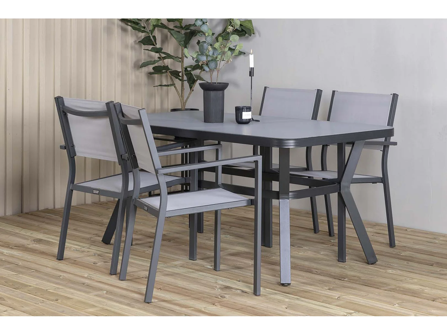 Virya set de jardin table 90x160cm noir, 4 chaises Copacabana gris.