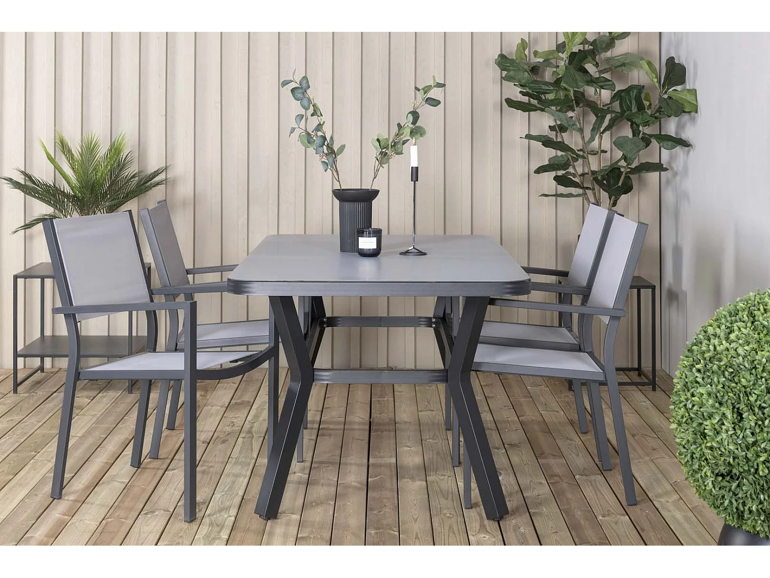Virya set de jardin table 90x160cm noir, 4 chaises Copacabana gris.