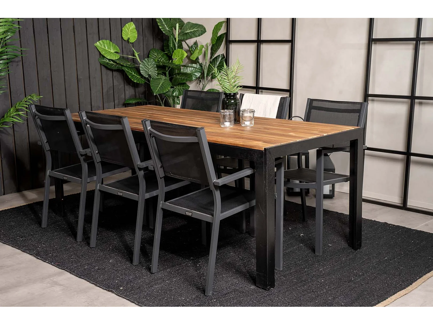 Bois tuinmeubelset tafel 90x205cm naturel, 6 stoelen Copacabana zwart.