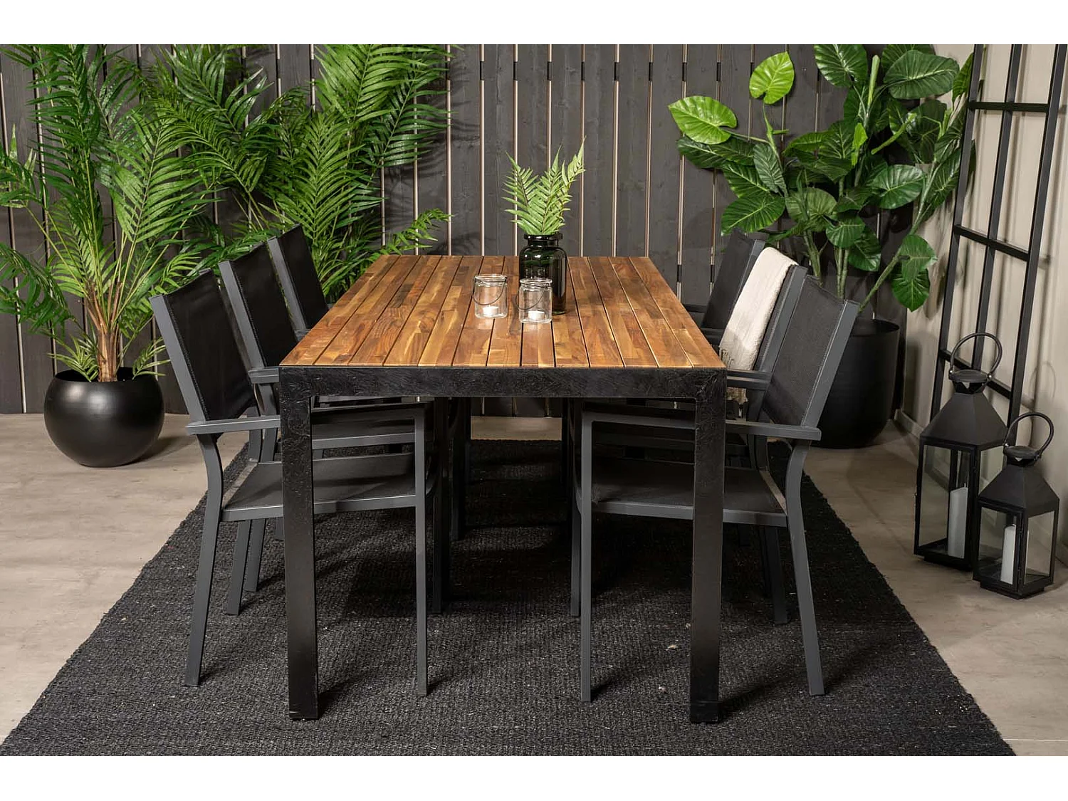 Bois tuinmeubelset tafel 90x205cm naturel, 6 stoelen Copacabana zwart.
