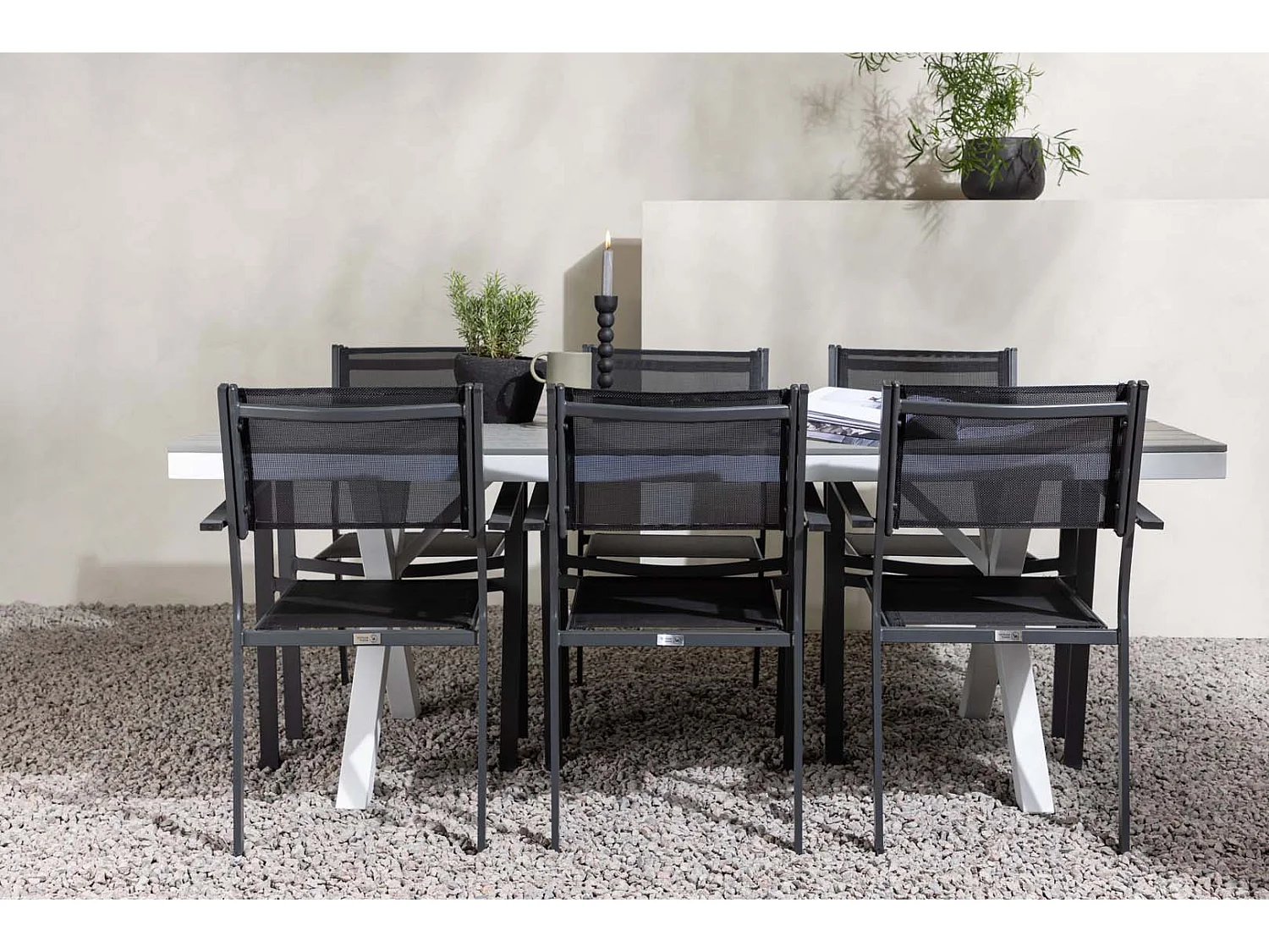 Garcia set de jardin table 100x200cm gris, 6 chaises Copacabana noir.