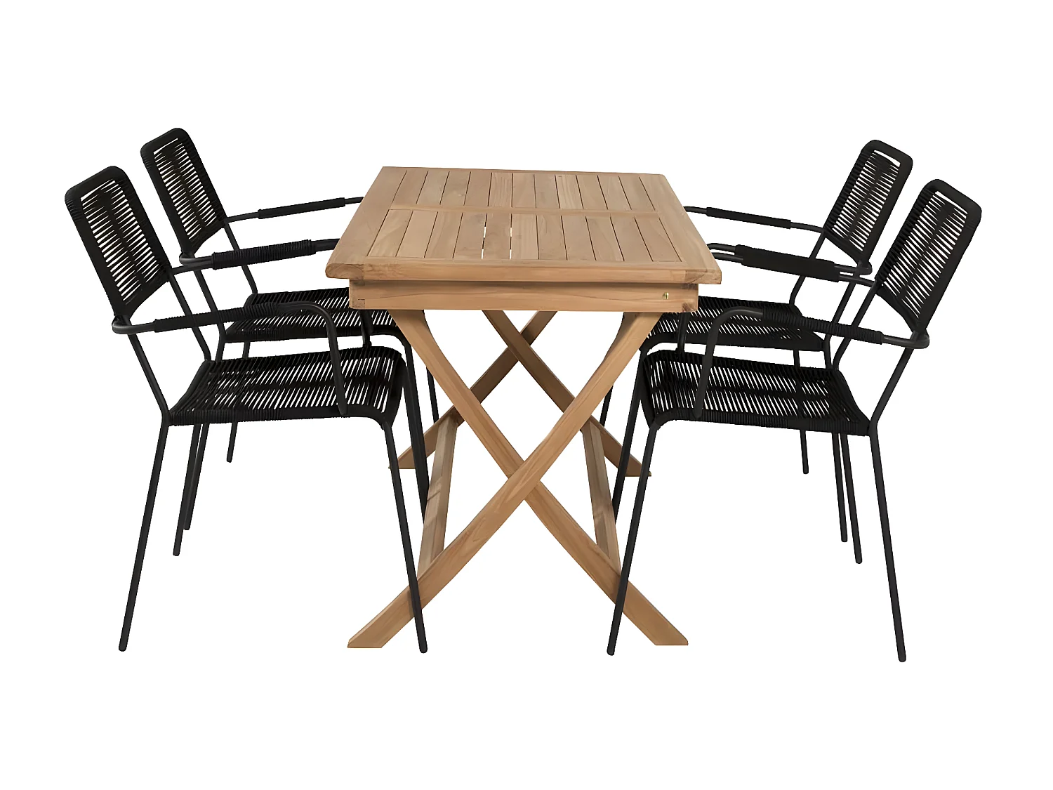 Kenya Gartenset Tisch 70x120cm natur, 4 Stühle Lindos schwarz.