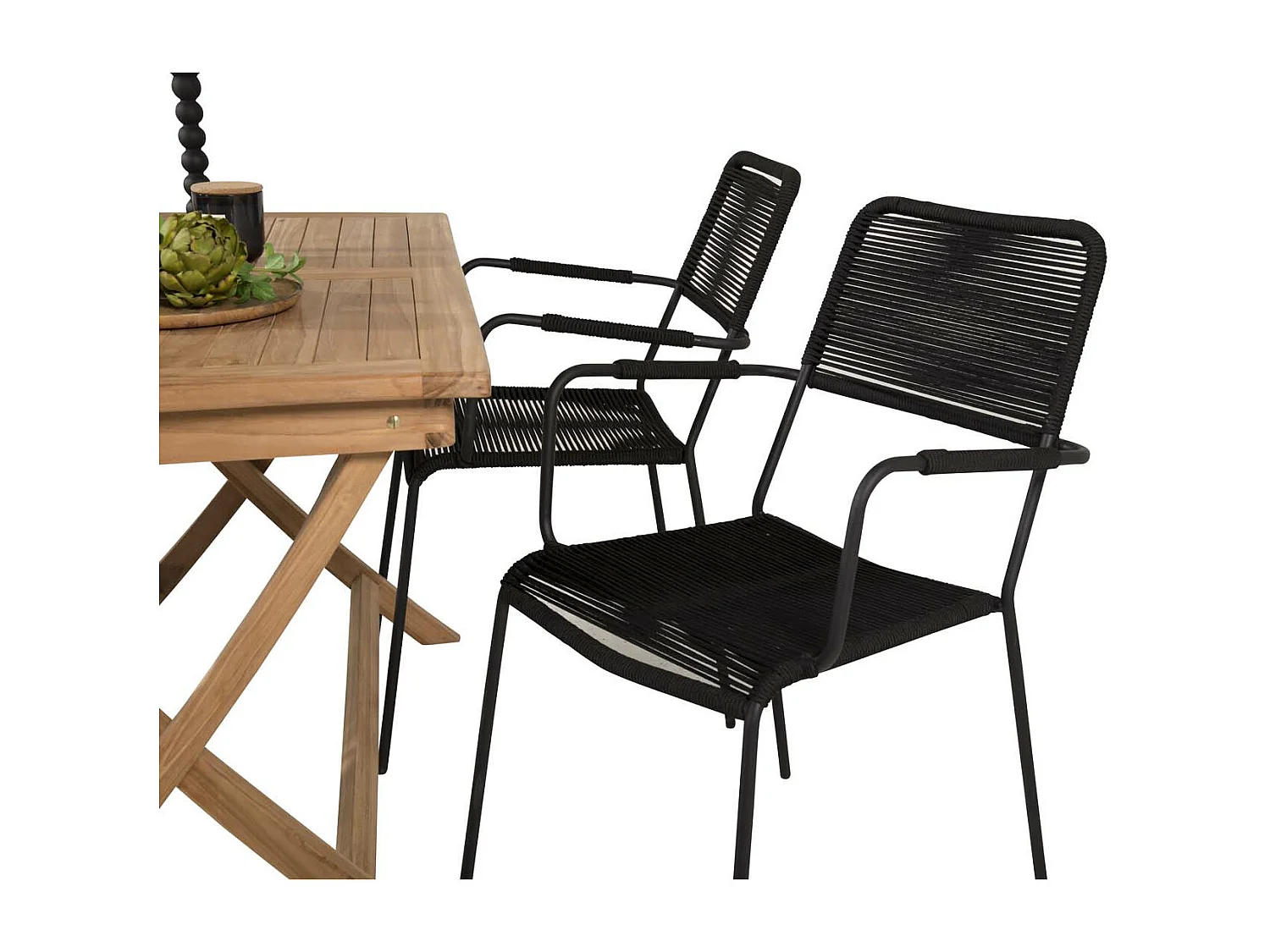 Kenya Gartenset Tisch 70x120cm natur, 4 Stühle Lindos schwarz.