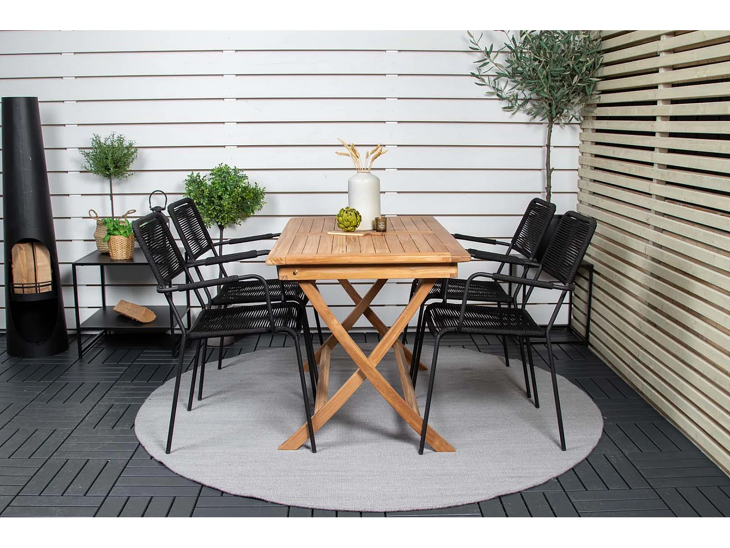 Kenya tuinmeubelset tafel 70x120cm naturel, 4 stoelen Lindos zwart.