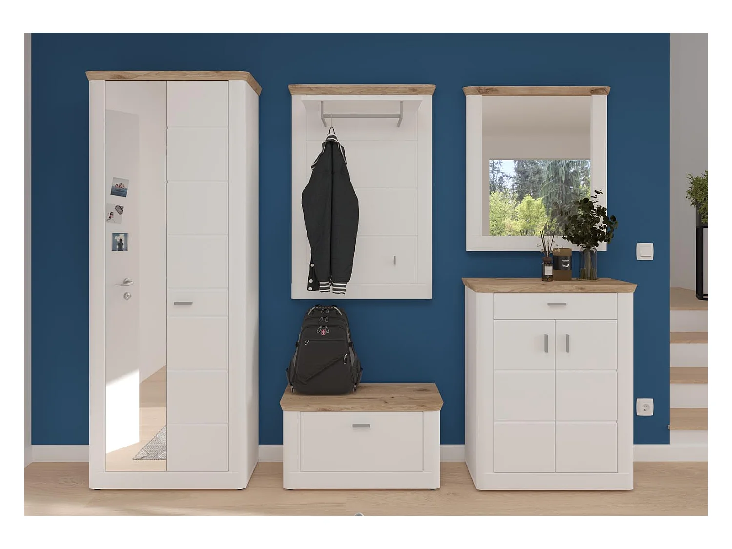 Michigan penderie murale 1 tablette, 1 barre de suspension, 2 crochets pour vêtements mat blanc,chêne décor,blanc.