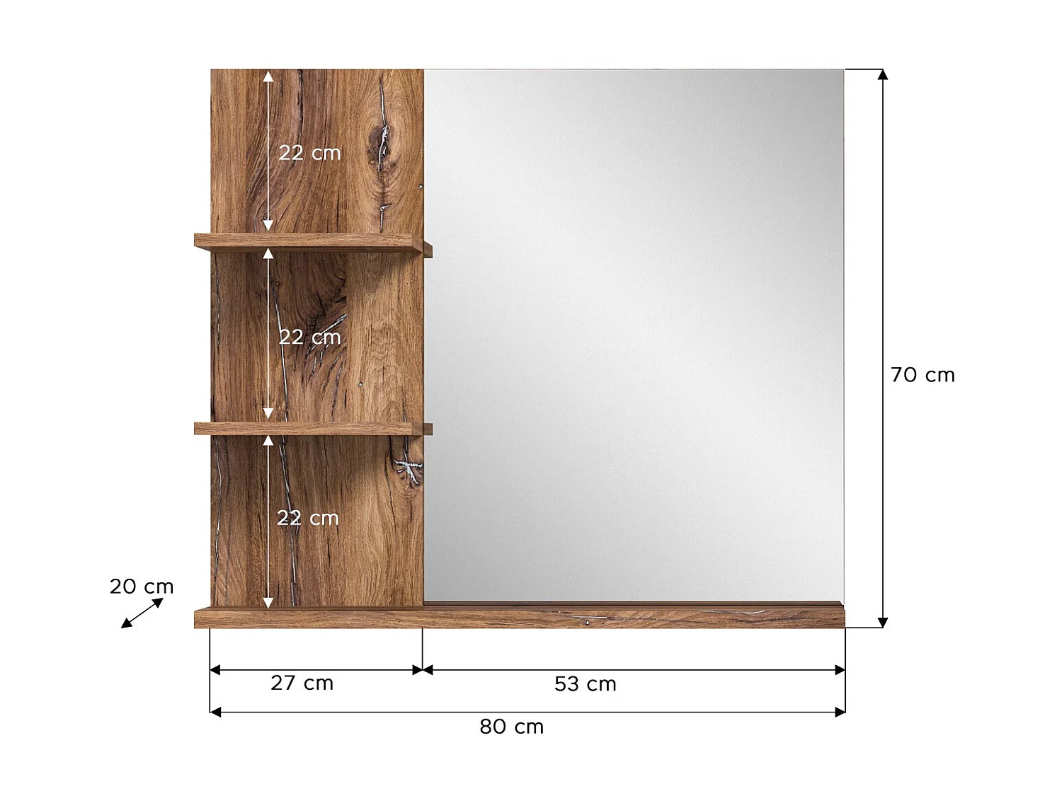 Ramon spiegel bad 80cm 3 planken grijs,eik decor.