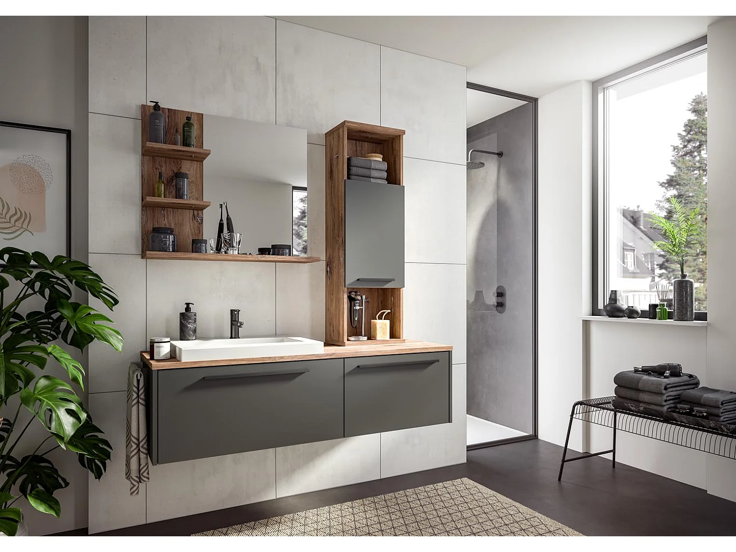 Ramon spiegel bad 80cm 3 planken grijs,eik decor.