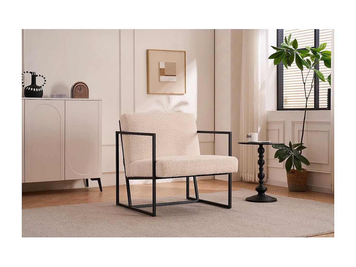 Poltrona "Kennedy" in metallo con tessuto bouclette - 73.5 x 75.5 x 81 cm - Crema