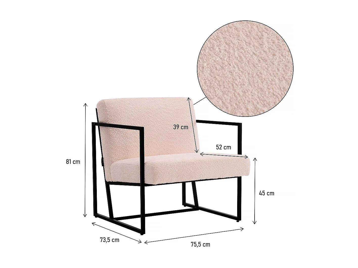 Poltrona "Kennedy" in metallo con tessuto bouclette - 73.5 x 75.5 x 81 cm - Crema