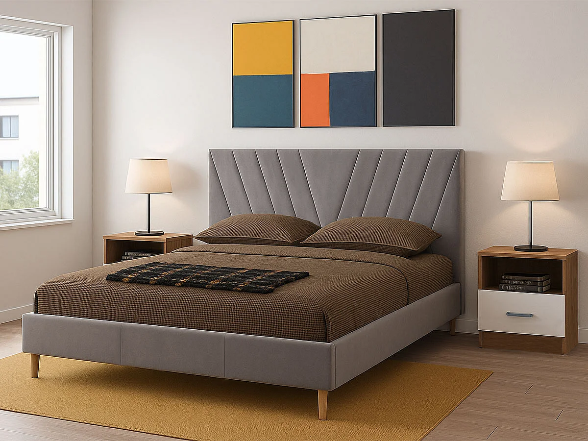 Cama de Casal Leafy com Oferta Colchão (Cinza)(190 x 140 cm)