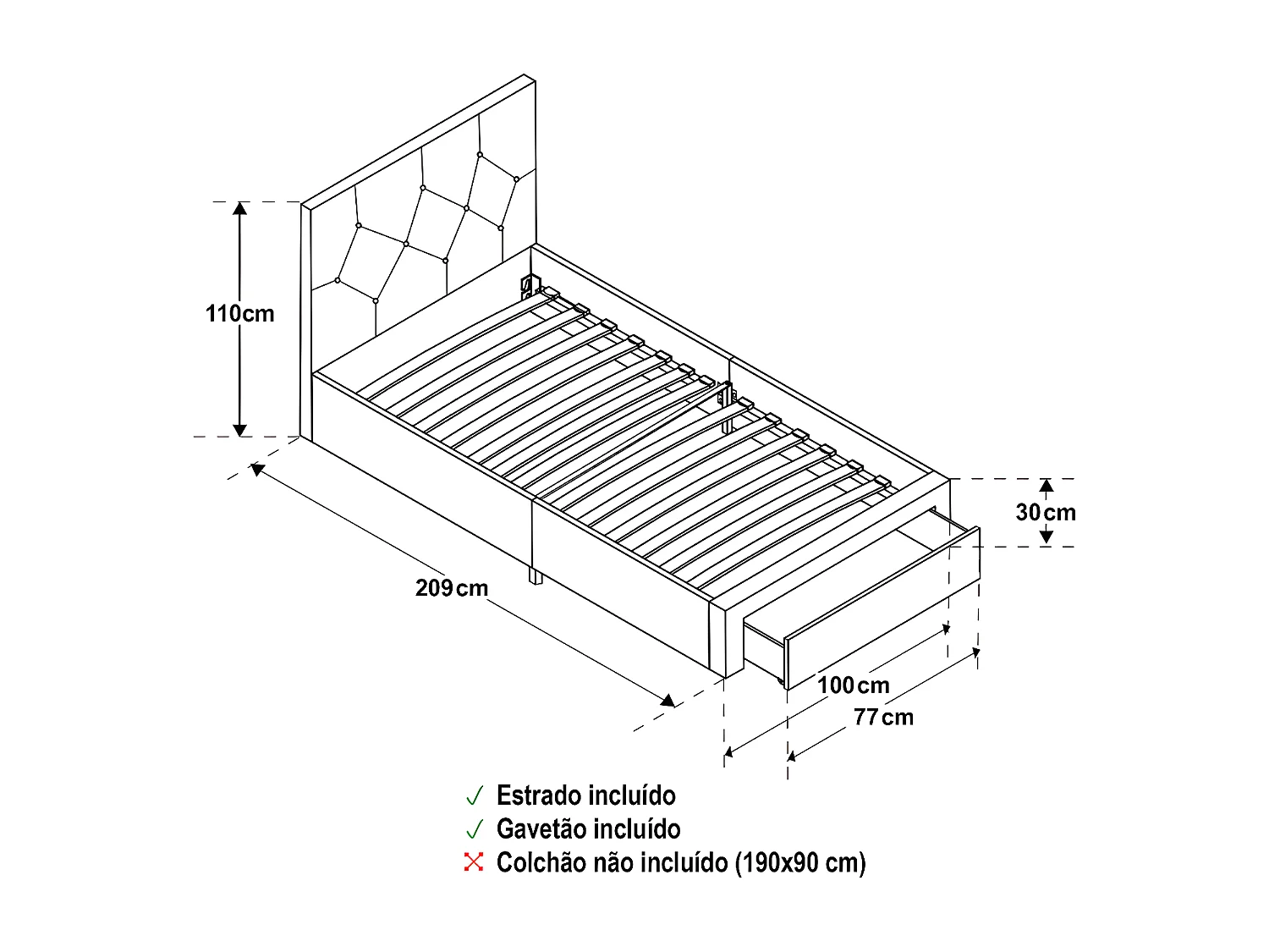 Cama de Solteiro Doris (190×90 cm)(Verde)