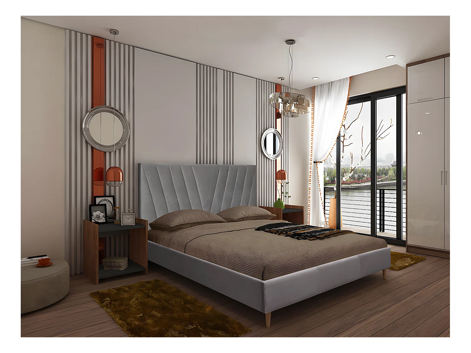 Cama de Casal Leafy com Oferta Colchão (Cinza)(195 x 160 cm)
