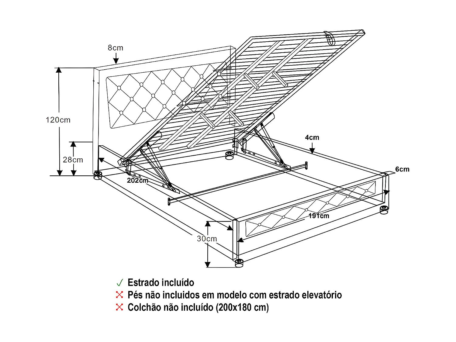 Cama de Casal Roman Estrado Elevatório (Branco)(200×180 cm)