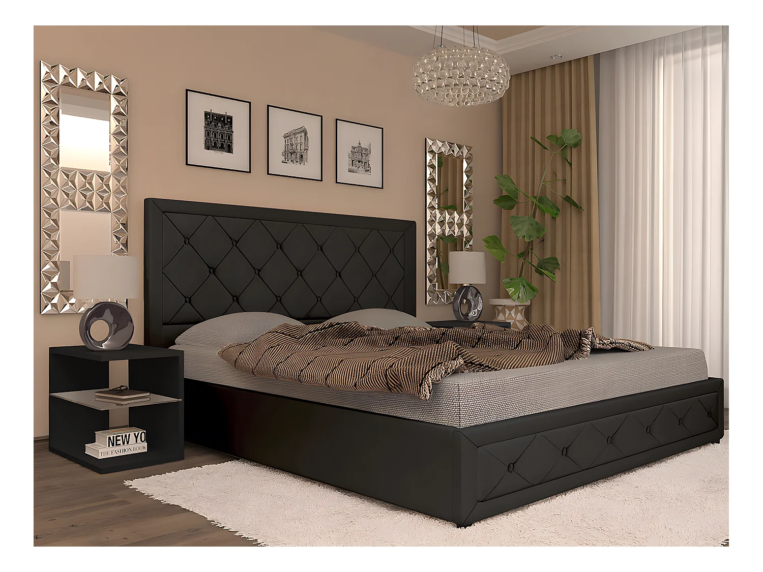 Cama de Casal Roman Estrado Elevatório (Preto)(190×140 cm)