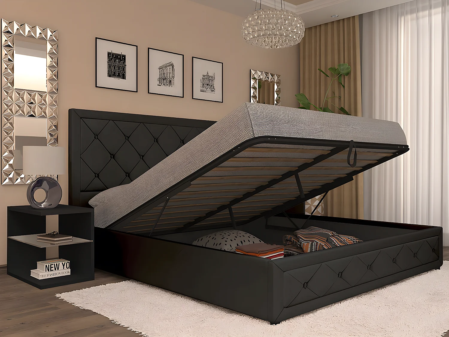 Cama de Casal Roman Estrado Elevatório (Preto)(190×140 cm)